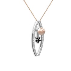 Lenta İnci Kolye - Pembe inci, swarovski ve siyah zirkon 18 ayar beyaz altın kolye (40 cm gümüş rolo zincir) #1wrw9i6