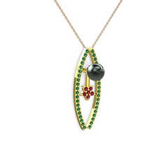 Siyah inci, yeşil kuvars ve rodolit garnet 8 ayar altın kolye (40 cm gümüş rolo zincir)