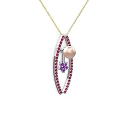 Lenta İnci Kolye - Pembe inci, rodolit garnet ve ametist 8 ayar beyaz altın kolye (40 cm altın rolo zincir) #1wyfktk