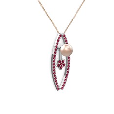 Lenta İnci Kolye - Pembe inci ve rodolit garnet 8 ayar beyaz altın kolye (40 cm rose altın rolo zincir) #1wysw1i