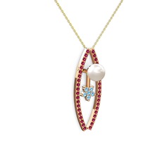 Lenta İnci Kolye - Inci, rodolit garnet ve akuamarin 14 ayar rose altın kolye (40 cm altın rolo zincir) #1x1n0ju