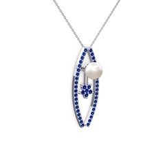 Lenta İnci Kolye - Inci ve lab safir 18 ayar beyaz altın kolye (40 cm gümüş rolo zincir) #1x3jwlu