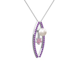 Lenta İnci Kolye - Inci, ametist ve pembe kuvars 18 ayar beyaz altın kolye (40 cm beyaz altın rolo zincir) #1x85nno
