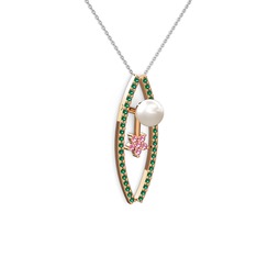 Lenta İnci Kolye - Inci, yeşil kuvars ve pembe kuvars 14 ayar rose altın kolye (40 cm beyaz altın rolo zincir) #1xa2m8z