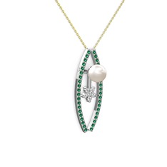 Lenta İnci Kolye - Inci, yeşil kuvars ve swarovski 14 ayar beyaz altın kolye (40 cm altın rolo zincir) #1xa3ah8