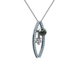 Lenta İnci Kolye - Siyah inci, akuamarin ve pırlanta 925 ayar siyah rodyum kaplama gümüş kolye (0.066 karat, 40 cm gümüş rolo zincir) #1xcfsjn