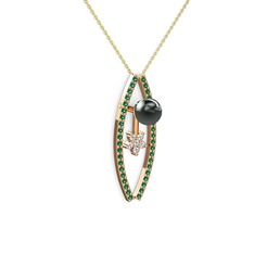 Lenta İnci Kolye - Siyah inci, yeşil kuvars ve swarovski 8 ayar rose altın kolye (40 cm altın rolo zincir) #1xkz191