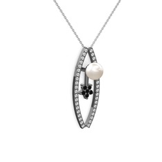 Lenta İnci Kolye - Inci, swarovski ve siyah zirkon 925 ayar siyah rodyum kaplama gümüş kolye (40 cm beyaz altın rolo zincir) #1y3dinw