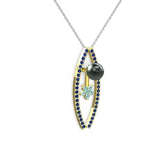 Lenta İnci Kolye - Siyah inci, lab safir ve akuamarin 14 ayar altın kolye (40 cm beyaz altın rolo zincir) #1y3sjry