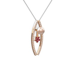 Lenta İnci Kolye - Pembe inci, pırlanta ve rodolit garnet 8 ayar rose altın kolye (0.3 karat, 40 cm beyaz altın rolo zincir) #1ydk3ar