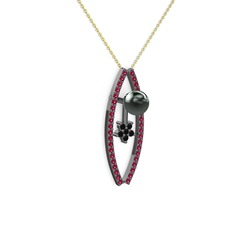 Lenta İnci Kolye - Siyah inci, rodolit garnet ve siyah zirkon 925 ayar siyah rodyum kaplama gümüş kolye (40 cm altın rolo zincir) #1yib5t7