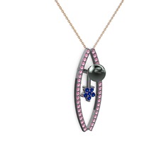 Siyah inci, pembe kuvars ve lab safir 925 ayar siyah rodyum kaplama gümüş kolye (40 cm gümüş rolo zincir)