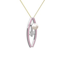 Lenta İnci Kolye - Inci, pembe kuvars ve swarovski 14 ayar beyaz altın kolye (40 cm gümüş rolo zincir) #1ylunm1