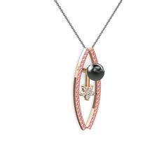 Lenta İnci Kolye - Siyah inci, pembe kuvars ve pırlanta 8 ayar rose altın kolye (0.066 karat, 40 cm gümüş rolo zincir) #1ym6zq5