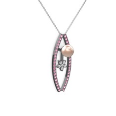 Pembe inci, pembe kuvars ve swarovski 925 ayar siyah rodyum kaplama gümüş kolye (40 cm beyaz altın rolo zincir)