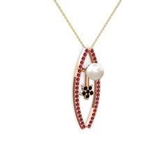 Lenta İnci Kolye - Inci, rodolit garnet ve siyah zirkon 14 ayar rose altın kolye (40 cm altın rolo zincir) #1yw92wj