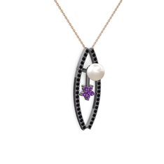 Lenta İnci Kolye - Inci, siyah zirkon ve ametist 925 ayar siyah rodyum kaplama gümüş kolye (40 cm rose altın rolo zincir) #1z0gz4a