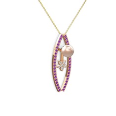 Pembe inci, ametist ve pırlanta 14 ayar rose altın kolye (0.066 karat, 40 cm altın rolo zincir)