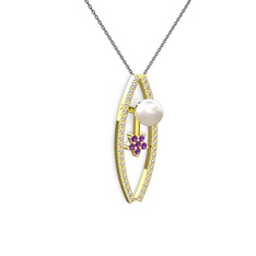Lenta İnci Kolye - Inci, swarovski ve ametist 8 ayar altın kolye (40 cm gümüş rolo zincir) #29y6cq