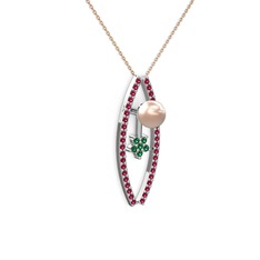 Pembe inci, rodolit garnet ve yeşil kuvars 18 ayar beyaz altın kolye (40 cm rose altın rolo zincir)