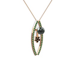 Lenta İnci Kolye - Siyah inci, yeşil kuvars ve siyah zirkon 14 ayar rose altın kolye (40 cm rose altın rolo zincir) #2g8cm0