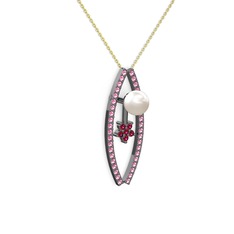 Lenta İnci Kolye - Inci, pembe kuvars ve rodolit garnet 925 ayar siyah rodyum kaplama gümüş kolye (40 cm altın rolo zincir) #2pvalv