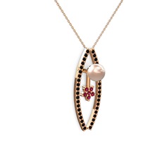 Lenta İnci Kolye - Pembe inci, siyah zirkon ve rodolit garnet 14 ayar rose altın kolye (40 cm rose altın rolo zincir) #2txh2j