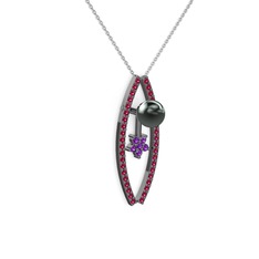 Lenta İnci Kolye - Siyah inci, rodolit garnet ve ametist 925 ayar siyah rodyum kaplama gümüş kolye (40 cm beyaz altın rolo zincir) #2xnrhn