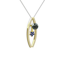 Lenta İnci Kolye - Siyah inci, swarovski ve lab safir 14 ayar altın kolye (40 cm beyaz altın rolo zincir) #2y1zdi