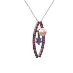 Pembe inci, rodolit garnet ve ametist 925 ayar siyah rodyum kaplama gümüş kolye (40 cm beyaz altın rolo zincir)