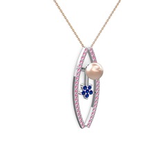 Pembe inci, pembe kuvars ve lab safir 8 ayar beyaz altın kolye (40 cm rose altın rolo zincir)