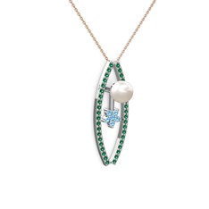 Lenta İnci Kolye - Inci, yeşil kuvars ve akuamarin 8 ayar beyaz altın kolye (40 cm rose altın rolo zincir) #3dxfzm