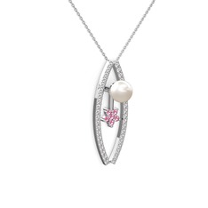 Inci, swarovski ve pembe kuvars 14 ayar beyaz altın kolye (40 cm gümüş rolo zincir)