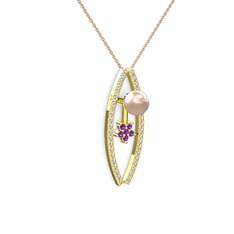 Lenta İnci Kolye - Pembe inci, swarovski ve ametist 14 ayar altın kolye (40 cm rose altın rolo zincir) #4cvr6y