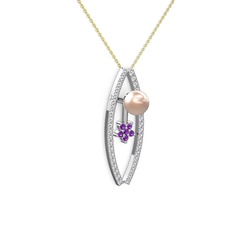 Lenta İnci Kolye - Pembe inci, swarovski ve ametist 8 ayar beyaz altın kolye (40 cm altın rolo zincir) #4eu1j5