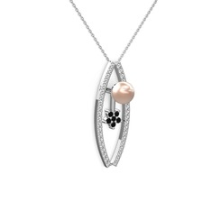 Pembe inci, swarovski ve siyah zirkon 14 ayar beyaz altın kolye (40 cm beyaz altın rolo zincir)