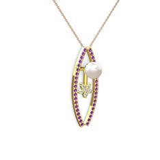 Lenta İnci Kolye - Inci, ametist ve swarovski 18 ayar altın kolye (40 cm rose altın rolo zincir) #4gxeqm