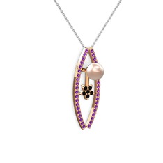 Pembe inci, ametist ve siyah zirkon 14 ayar rose altın kolye (40 cm gümüş rolo zincir)