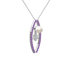 Lenta İnci Kolye - Inci, ametist ve swarovski 925 ayar gümüş kolye (40 cm gümüş rolo zincir) #5ckixj