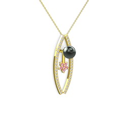 Siyah inci, swarovski ve pembe kuvars 18 ayar altın kolye (40 cm altın rolo zincir)