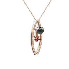 Siyah inci, swarovski ve rodolit garnet 18 ayar rose altın kolye (40 cm rose altın rolo zincir)