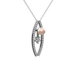 Lenta İnci Kolye - Pembe inci, pırlanta ve swarovski 925 ayar siyah rodyum kaplama gümüş kolye (0.3 karat, 40 cm beyaz altın rolo zincir) #5w7ct8