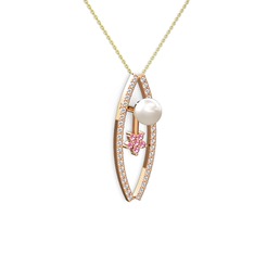 Inci, pırlanta ve pembe kuvars 8 ayar rose altın kolye (0.3 karat, 40 cm gümüş rolo zincir)