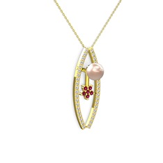 Lenta İnci Kolye - Pembe inci, pırlanta ve rodolit garnet 14 ayar altın kolye (0.3 karat, 40 cm altın rolo zincir) #63f7tu