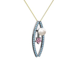 Lenta İnci Kolye - Inci, akuamarin ve pembe kuvars 925 ayar siyah rodyum kaplama gümüş kolye (40 cm altın rolo zincir) #66lvlm