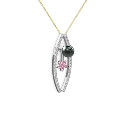 Lenta İnci Kolye - Siyah inci, swarovski ve pembe kuvars 925 ayar gümüş kolye (40 cm altın rolo zincir) #6e3nri