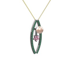 Lenta İnci Kolye - Pembe inci, yeşil kuvars ve pembe kuvars 925 ayar siyah rodyum kaplama gümüş kolye (40 cm altın rolo zincir) #6tdzx5