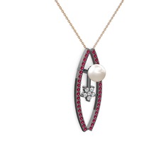 Lenta İnci Kolye - Inci, rodolit garnet ve pırlanta 925 ayar siyah rodyum kaplama gümüş kolye (0.066 karat, 40 cm rose altın rolo zincir) #71v6lv