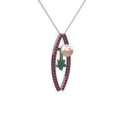 Lenta İnci Kolye - Pembe inci, rodolit garnet ve yeşil kuvars 925 ayar siyah rodyum kaplama gümüş kolye (40 cm beyaz altın rolo zincir) #76g0u8