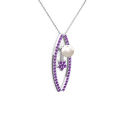 Lenta İnci Kolye - Inci ve ametist 925 ayar gümüş kolye (40 cm beyaz altın rolo zincir) #79wxzk